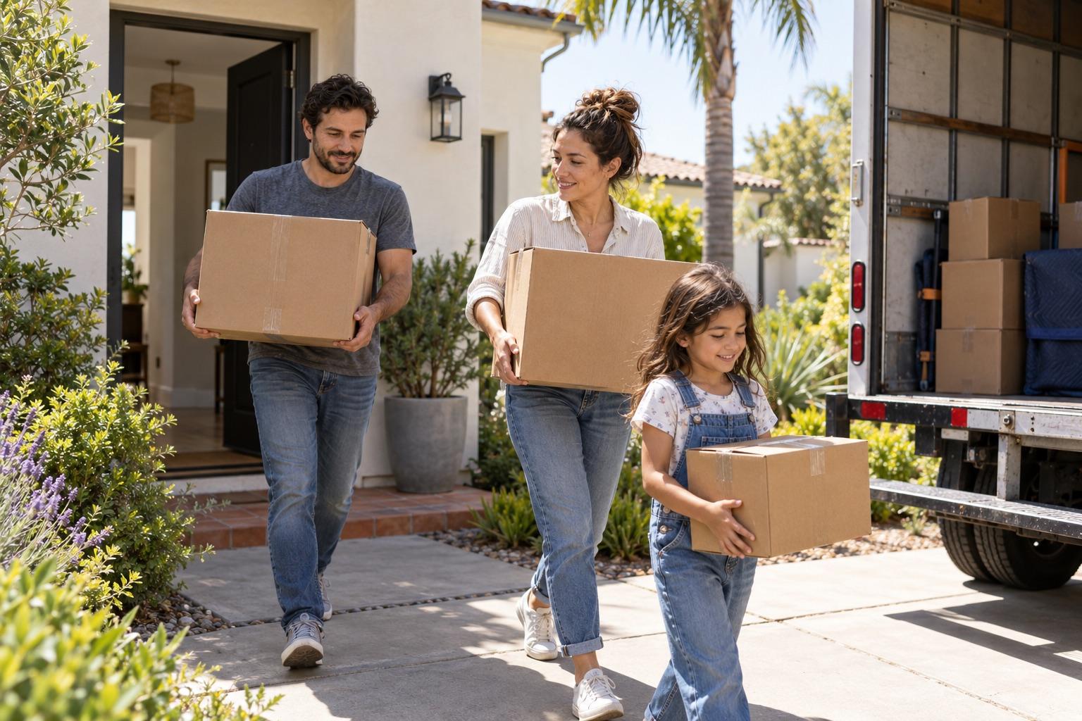 A family carrying boxes out of one home, moving truck visible, warm and bright.