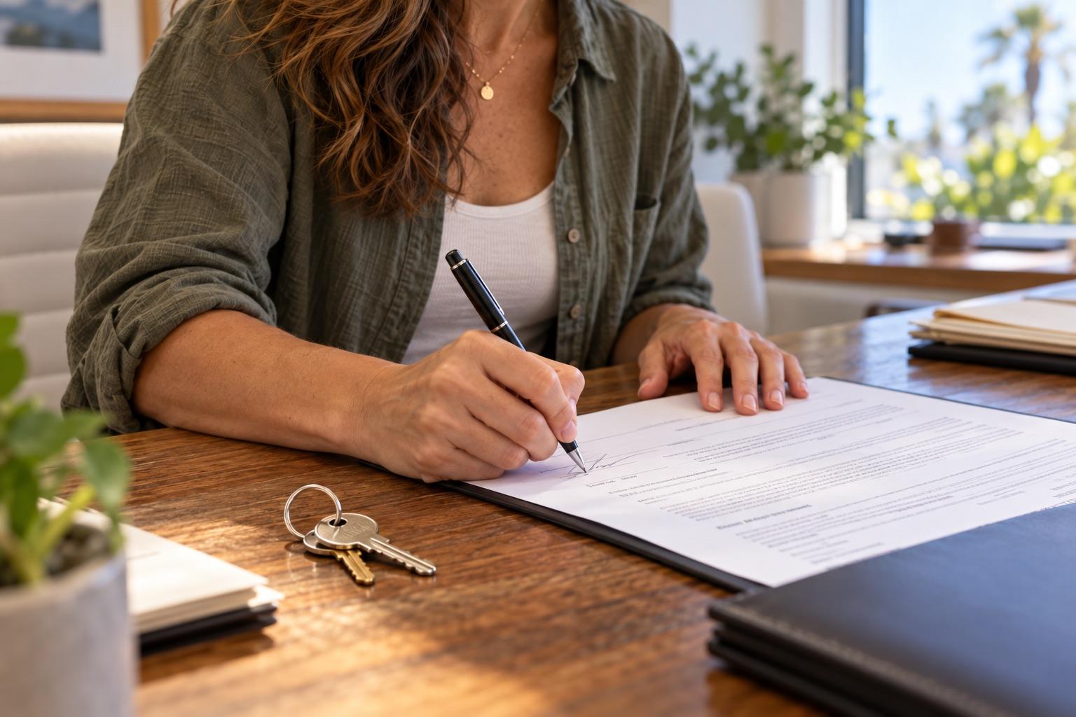 Hands signing at an escrow office, keys on the table.