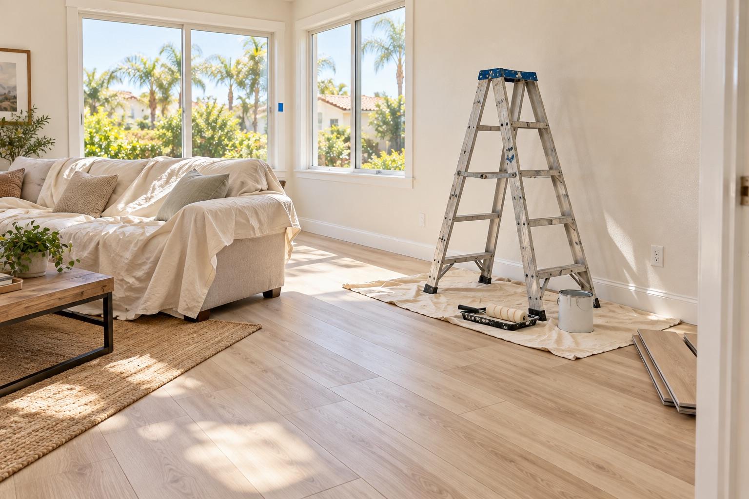 A bright living room mid-refresh: fresh paint, new LVP flooring, a ladder in frame.