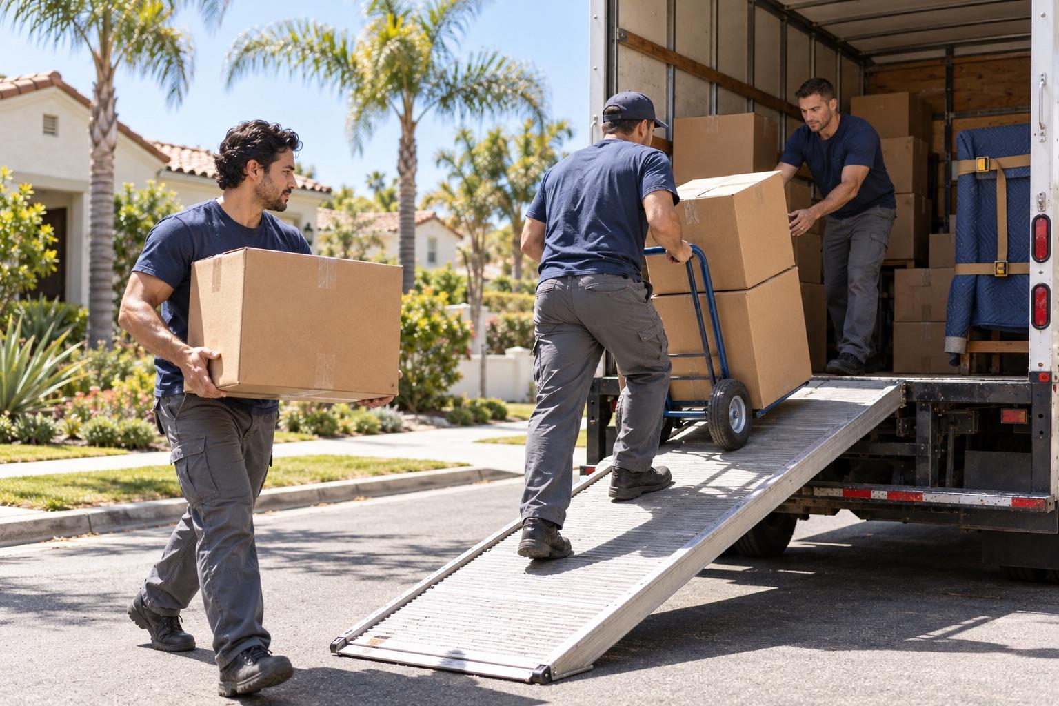 Movers loading a truck on a sunny San Diego residential street.