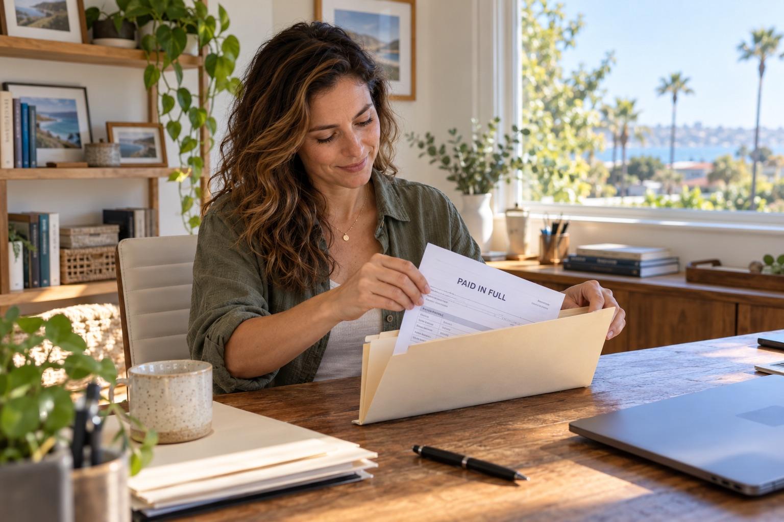 A person filing away a paid-off statement, relieved, bright home office.