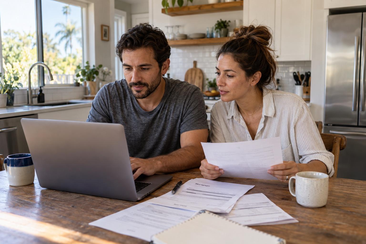A couple at a kitchen table reviewing loan paperwork on a laptop, natural light, San Diego home.