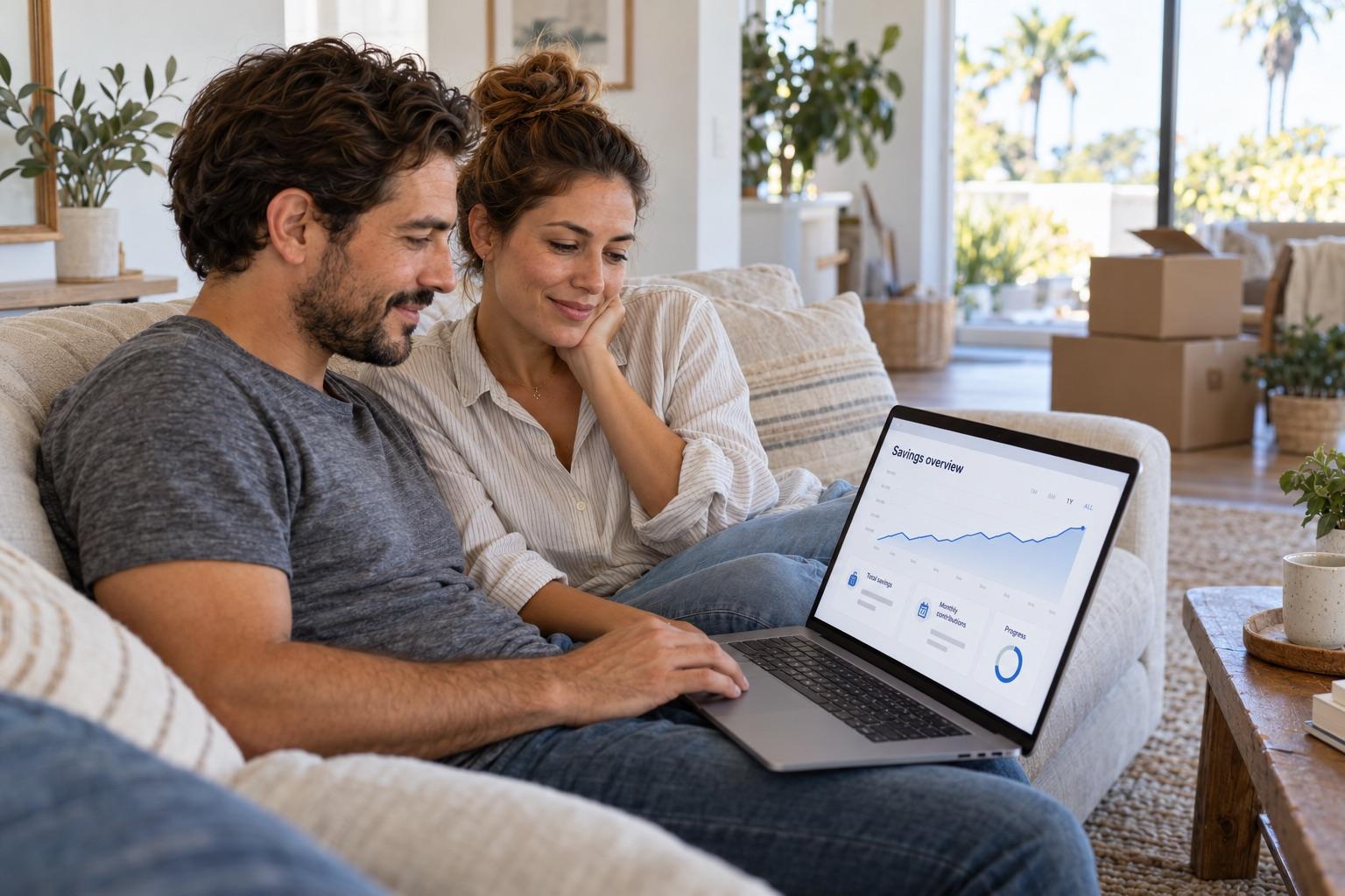 A calm scene: a couple on the couch of their new home, laptop open to a generic savings dashboard, no bank branding.